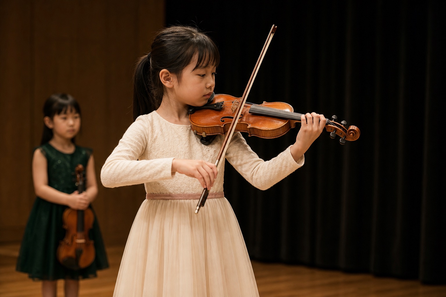 學生在音樂會舞台演奏小提琴